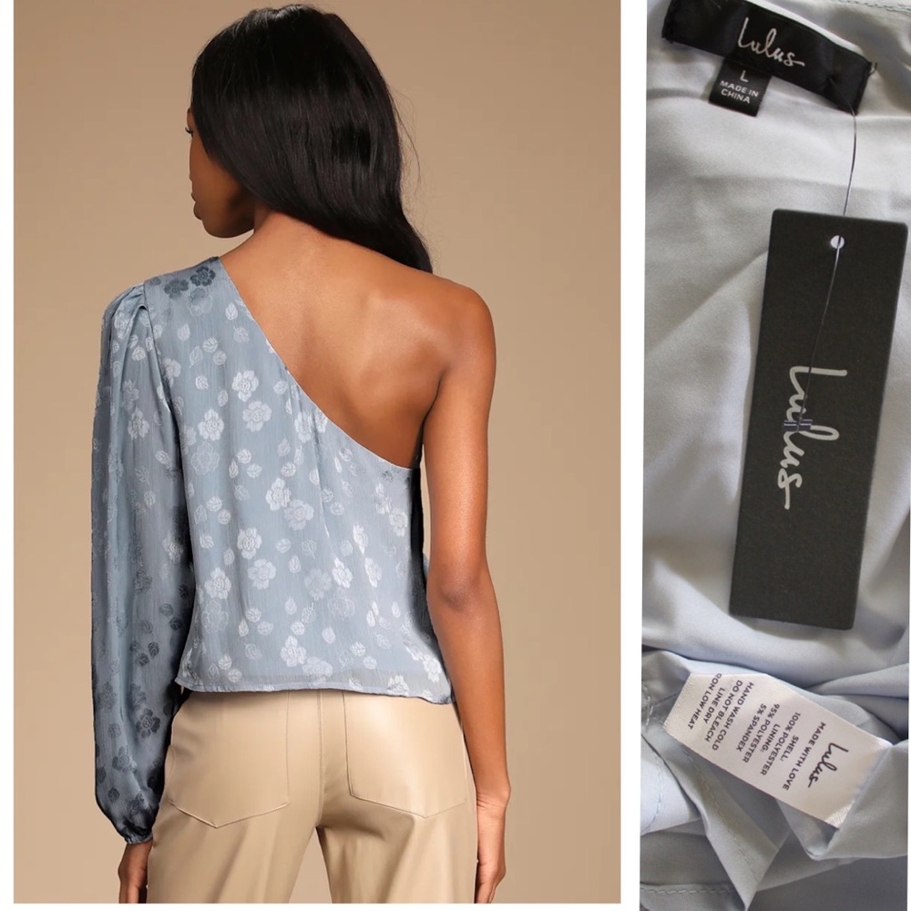 Lulus NWT Stay Lovely Dusty Blue Floral Jacquard Satin One-Shoulder Top Large - Picture 7 of 10